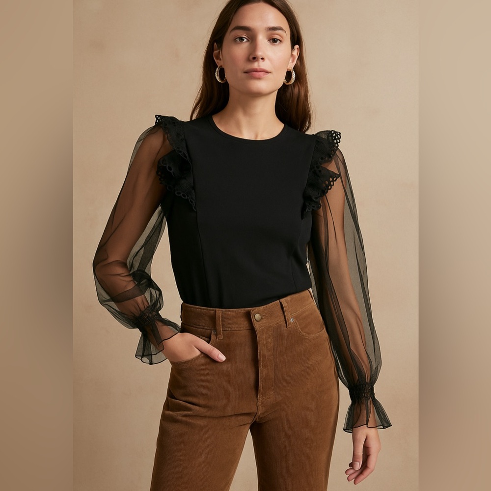 Endless Rose Black Sheer Sleeve Ruffle Top